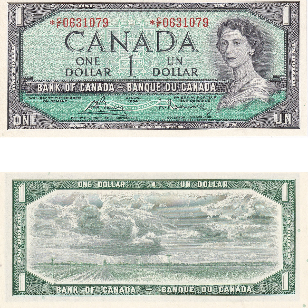 BC-37cA 1954 Canada $1 Bouey-Rasminsky, *C/F, Choice Uncirculated (CUNC63)