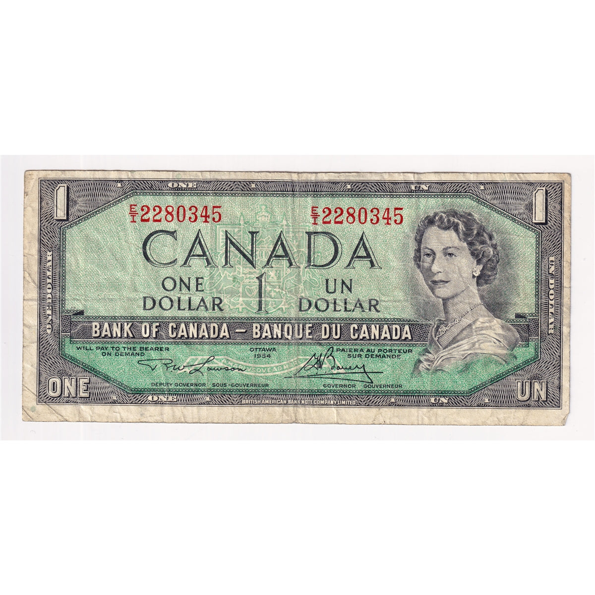 BC-37d 1954 Canada $1 Lawson-Bouey, E/I, Fine (F12)