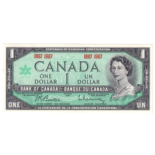 BC-45a 1967 Canada $1 Beattie-Rasminsky, 1867-1967, No Serial #, Choice Uncirculated (CUNC63)
