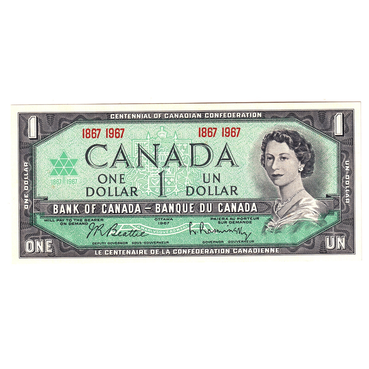 BC-45a 1967 Canada $1 Beattie-Rasminsky, 1867-1967, No Serial #, Uncirculated (MS60)