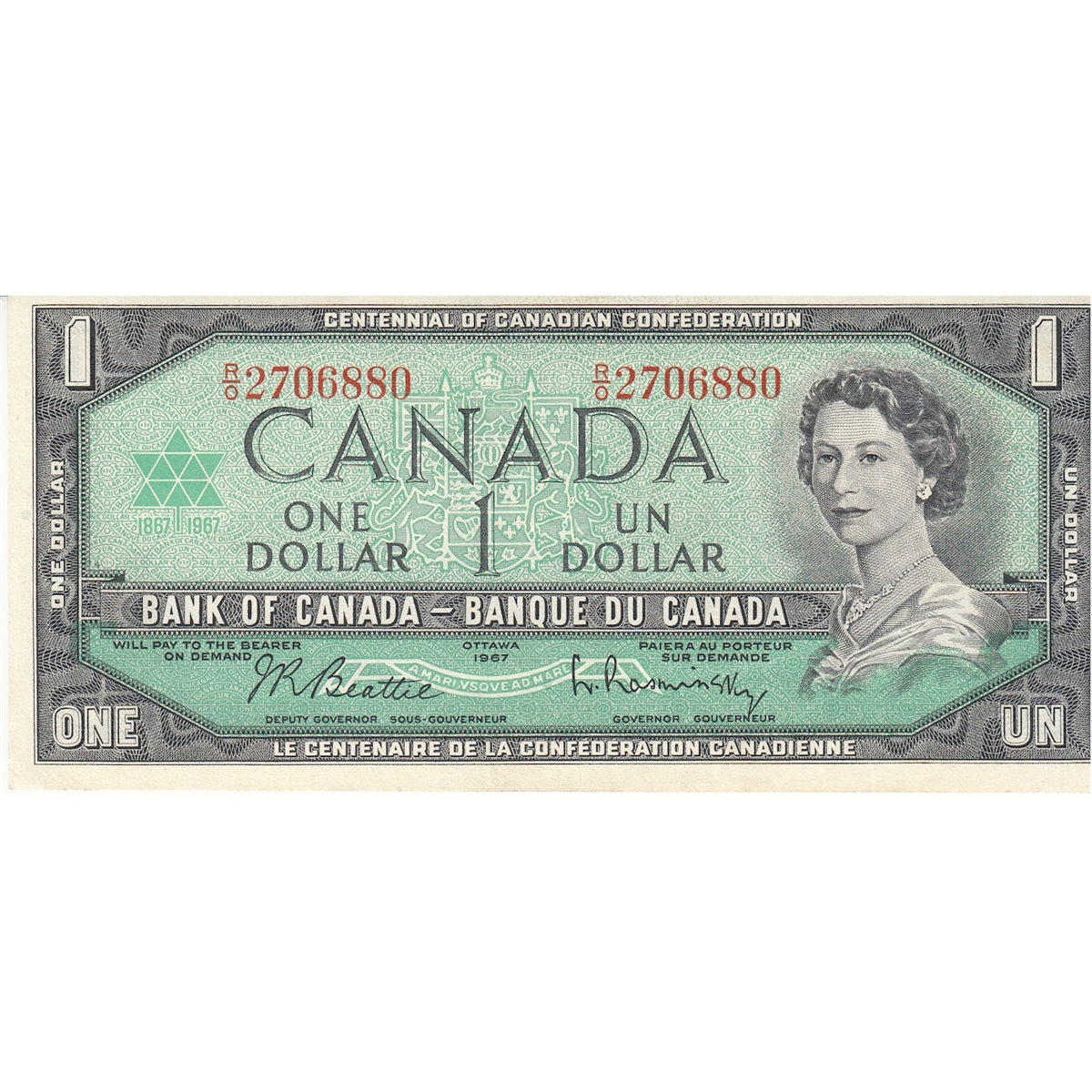 BC-45b 1967 Canada $1 Beattie-Rasminsky, R/O, AU