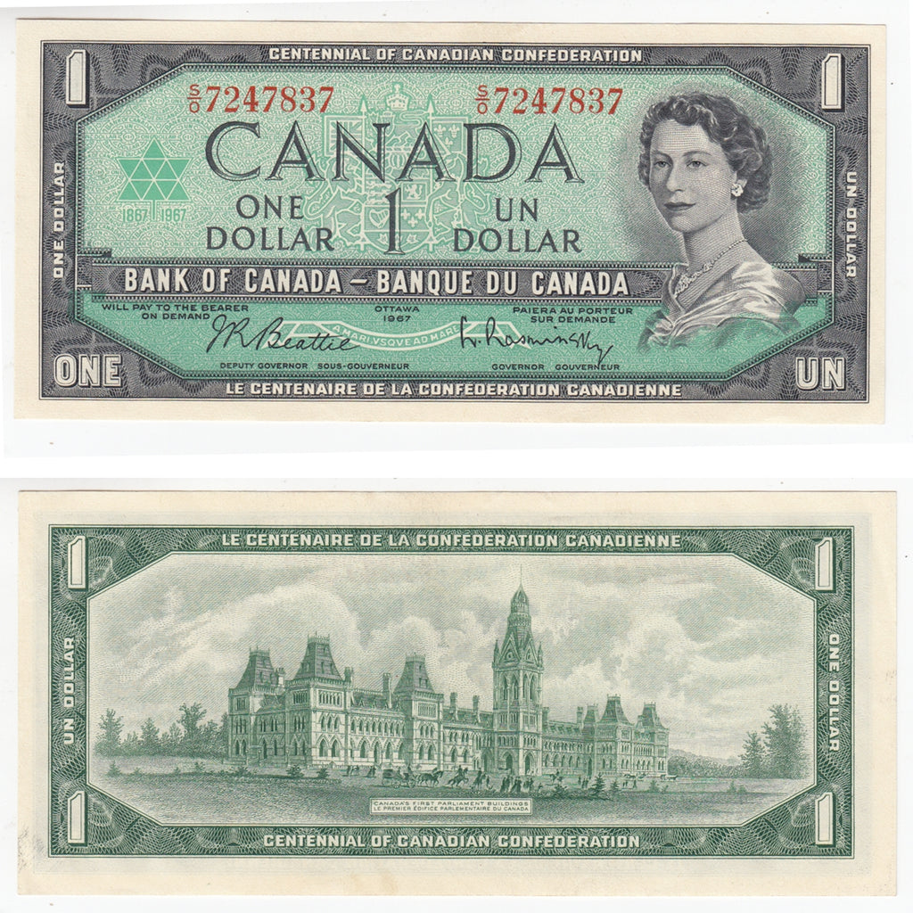 BC-45b 1967 Canada $1 Beattie-Rasminsky, S/O, AU-UNC