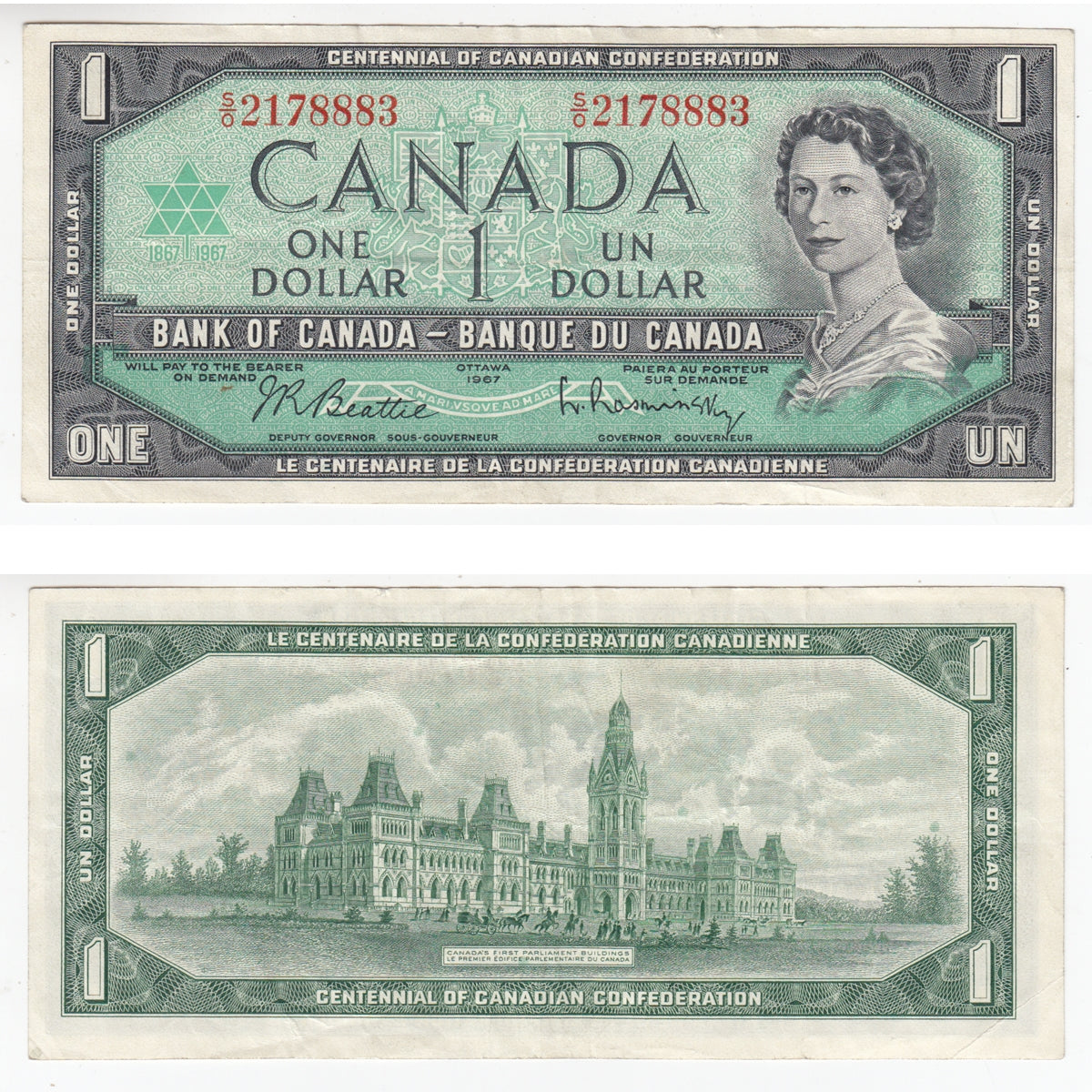 BC-45b 1967 Canada $1 Beattie-Rasminsky, S/O, Very Fine (VF20)