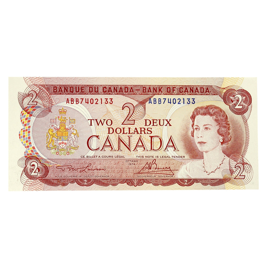 BC-47a-i 1974 Canada $2 Lawson-Bouey, ABB, Almost Uncirculated (AU50)