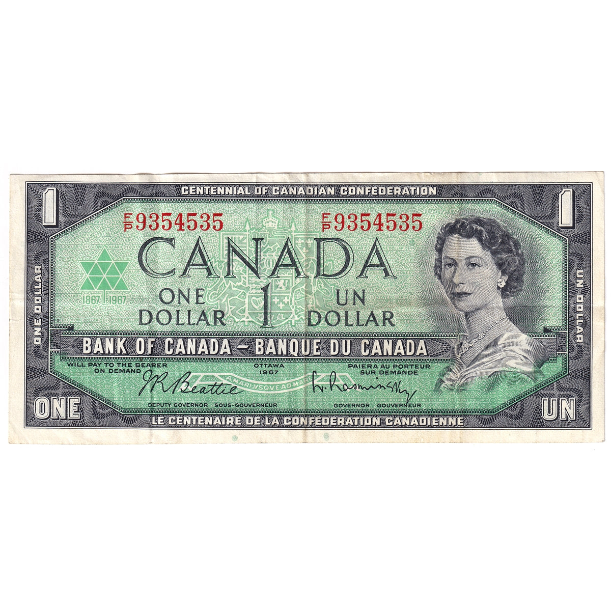BC-45b-i 1967 Canada $1 Beattie-Rasminsky, F/P, Very Fine (VF20)