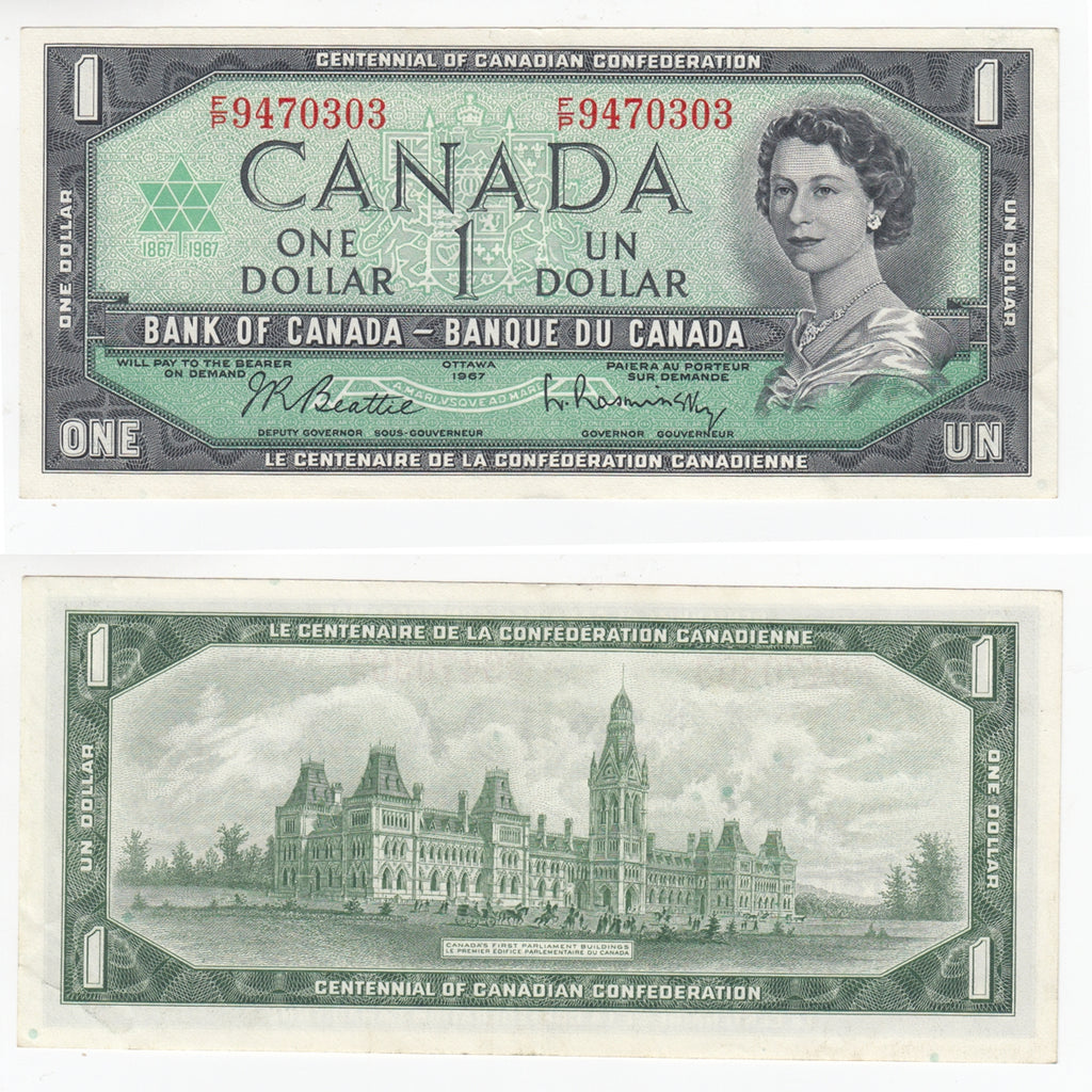 BC-45b-i 1967 Canada $1 Beattie-Rasminsky, F/P, EF-AU (EF45)