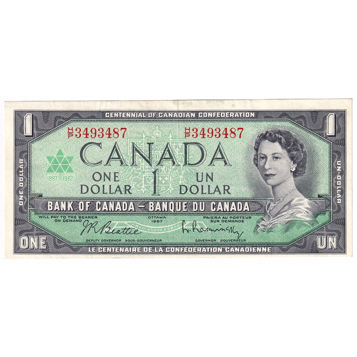 BC-45b-i 1967 Canada $1 Beattie-Rasminsky, H/P, Extra Fine (EF40)