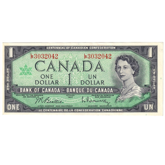 BC-45b-i 1967 Canada $1 Beattie-Rasminsky, L/P, AU
