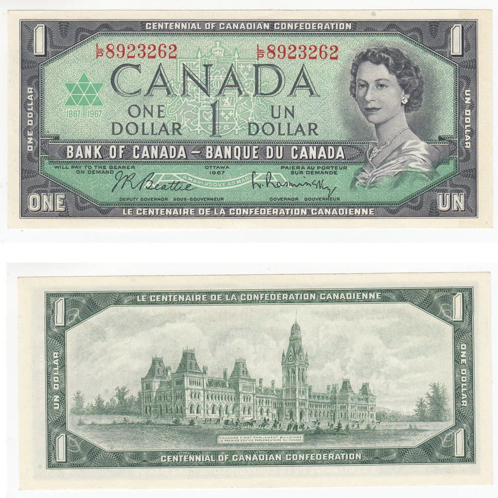 BC-45b-i 1967 Canada $1 Beattie-Rasminsky, L/P, Uncirculated (MS60)