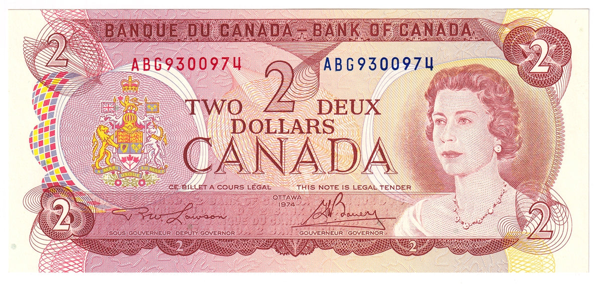 BC-47a-i 1974 Canada $2 Lawson-Bouey, ABG, Uncirculated (MS60)