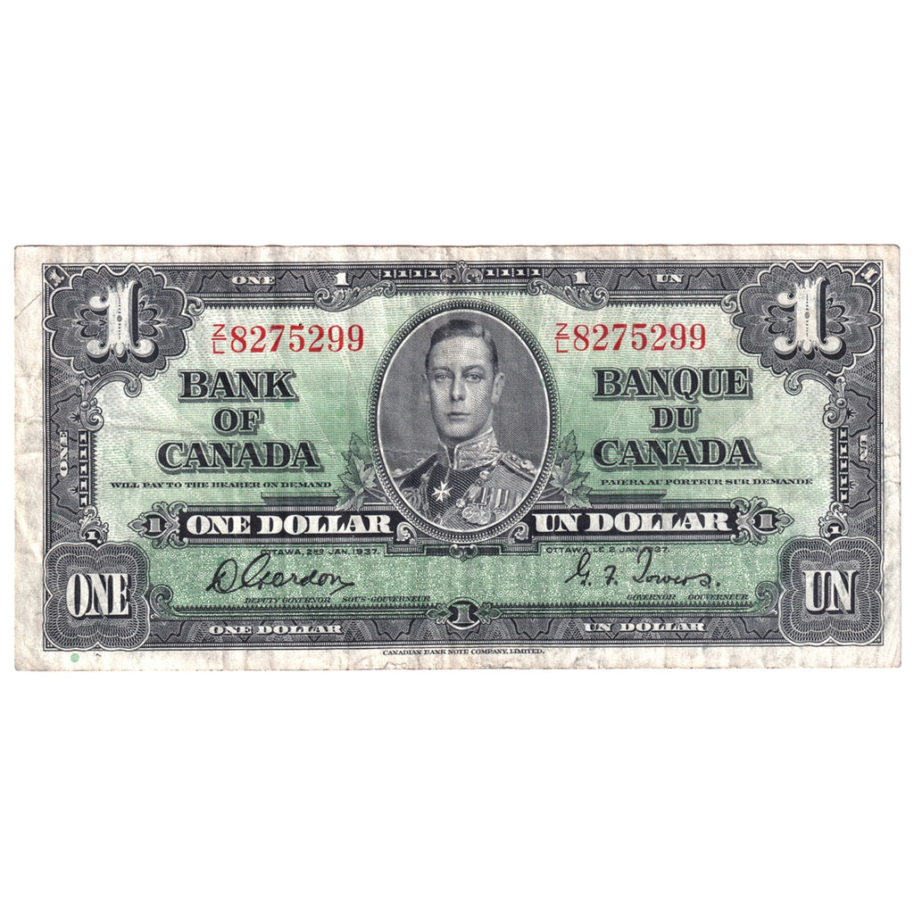 BC-21c 1937 Canada $1 Gordon-Towers, Z/L, Very Fine (VF20)