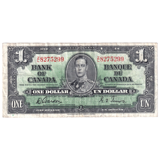 BC-21c 1937 Canada $1 Gordon-Towers, Z/L, Very Fine (VF20)