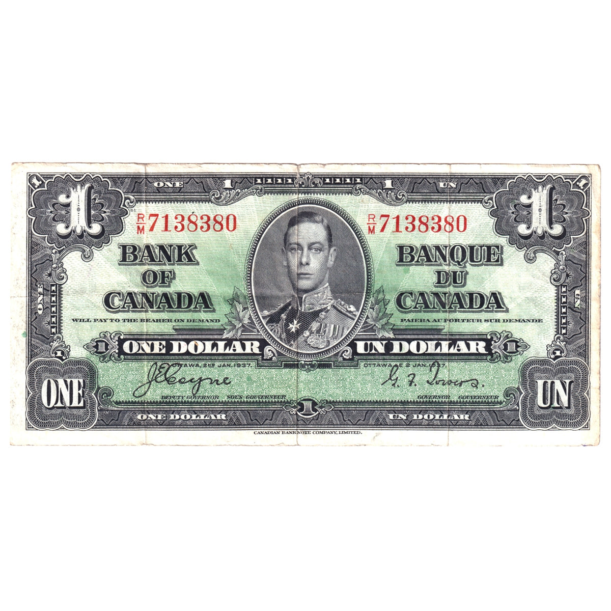 BC-21d 1937 Canada $1 Coyne-Towers, R/M, Circ