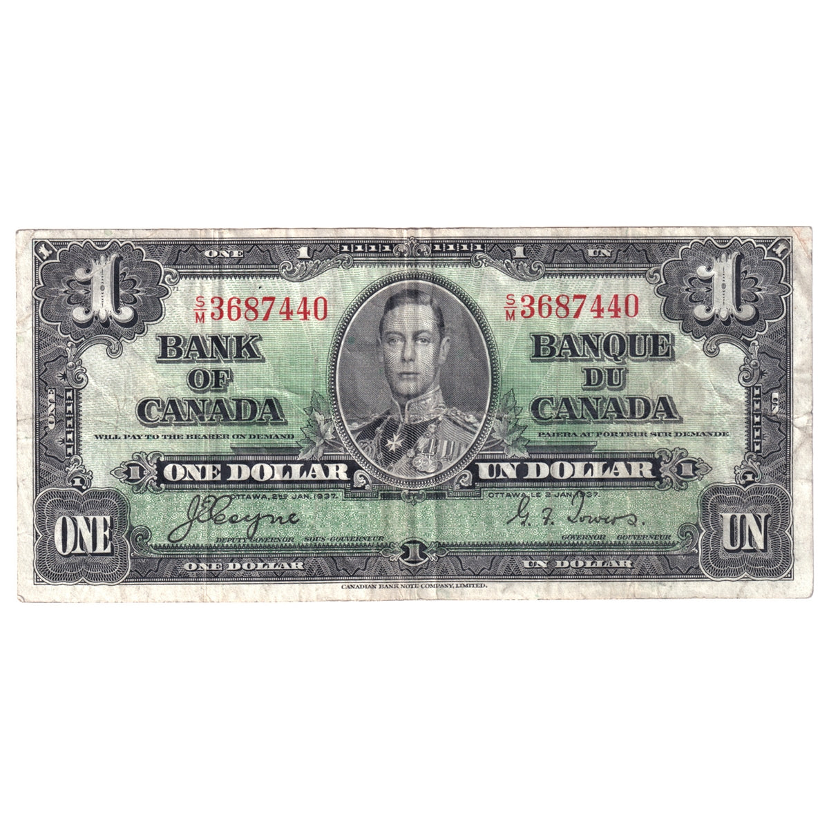 BC-21d 1937 Canada $1 Coyne-Towers, S/M, F-VF (F15)