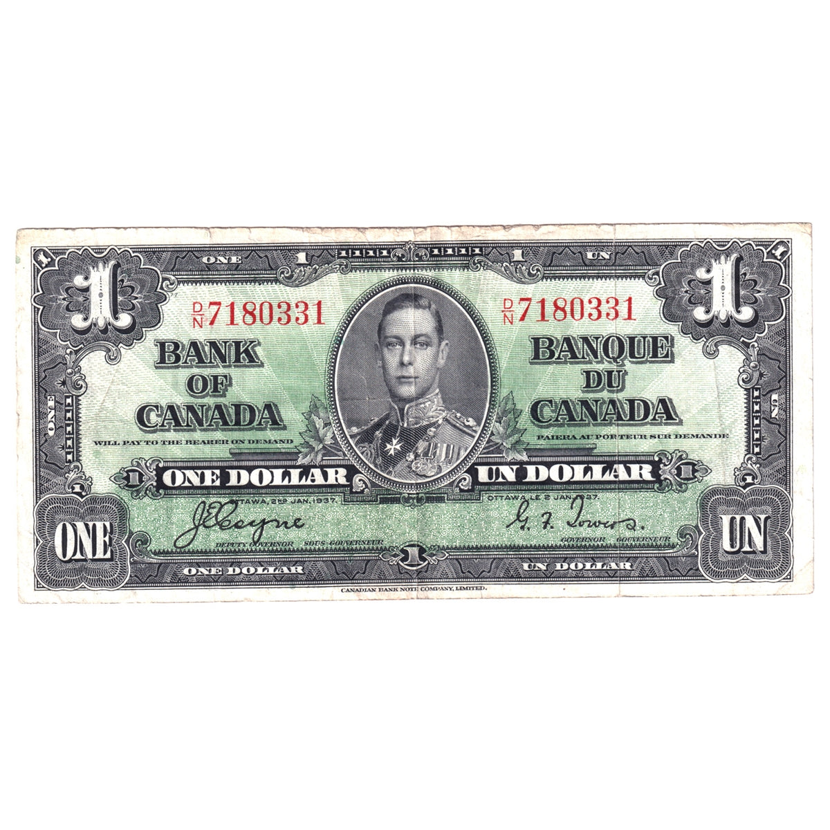 BC-21d 1937 Canada $1 Coyne-Towers, D/N, Circ