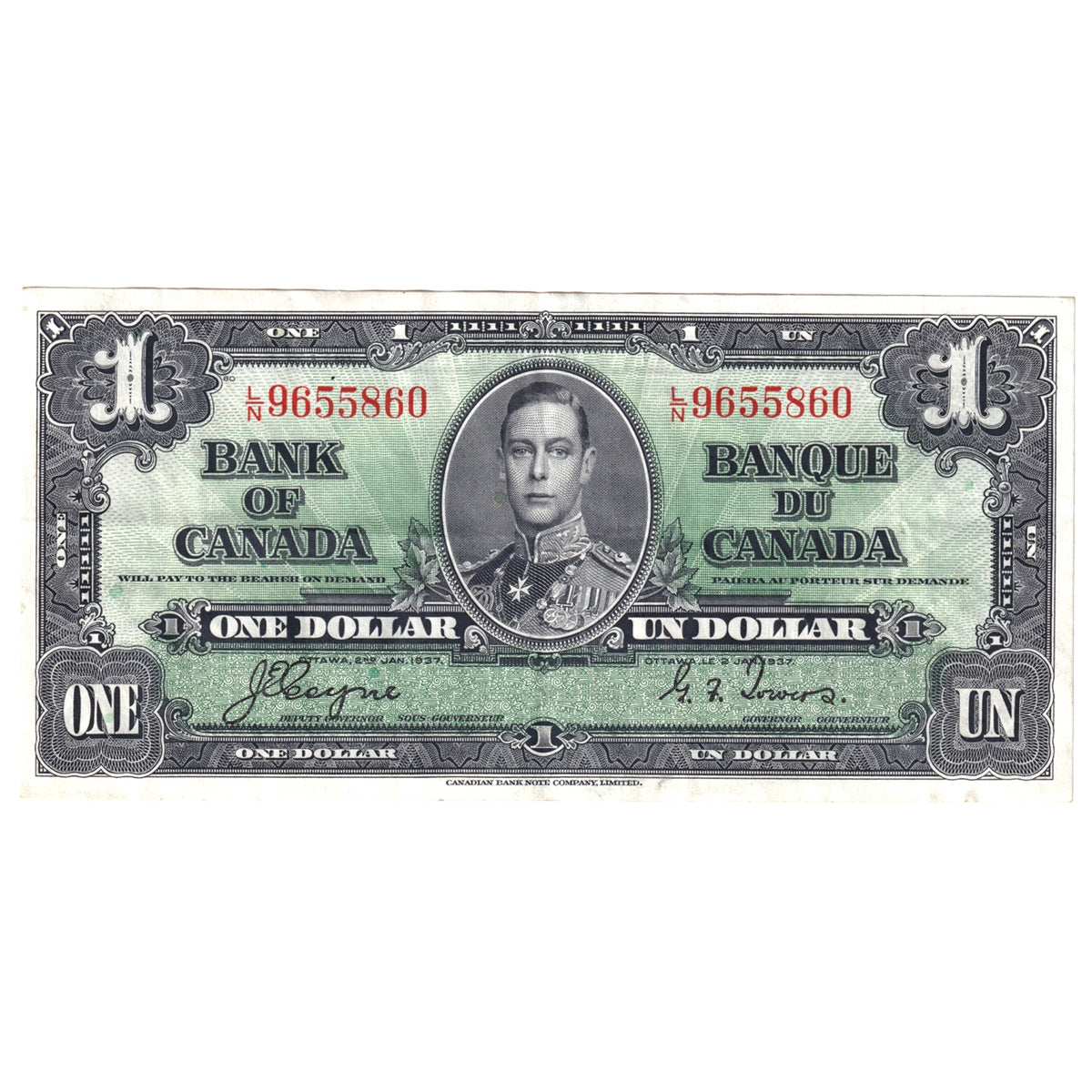 BC-21d 1937 Canada $1 Coyne-Towers, L/N, VF-EF (VF30)
