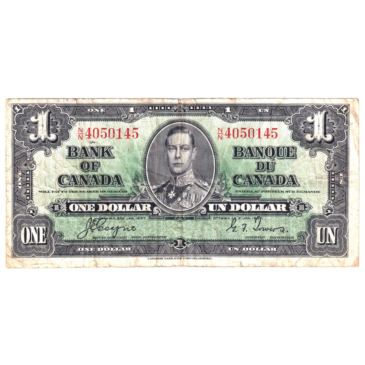 BC-21d 1937 Canada $1 Coyne-Towers, N/N, Circ