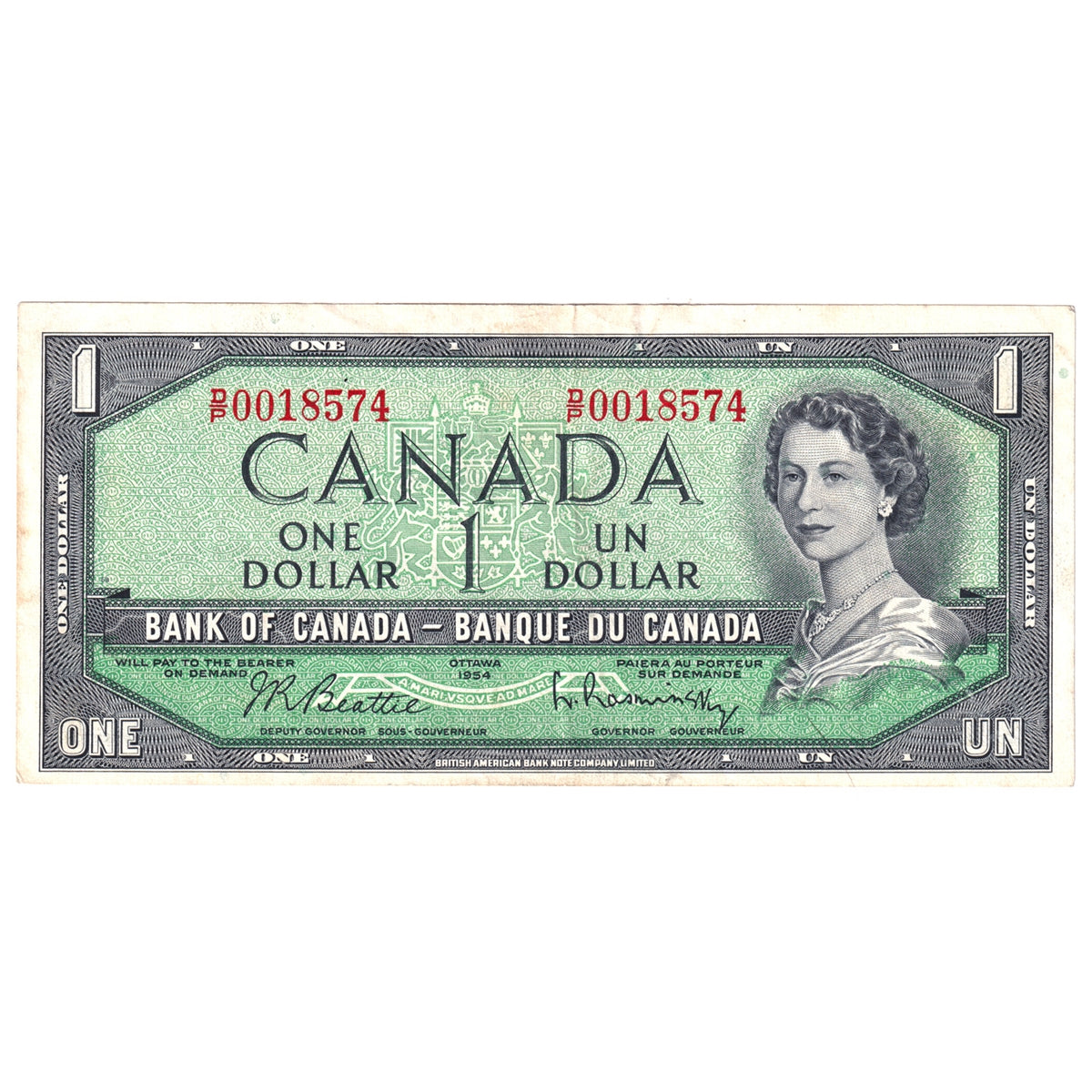 BC-37b-i 1954 Canada $1 Beattie-Rasminsky, D/P, Extra Fine (EF40)