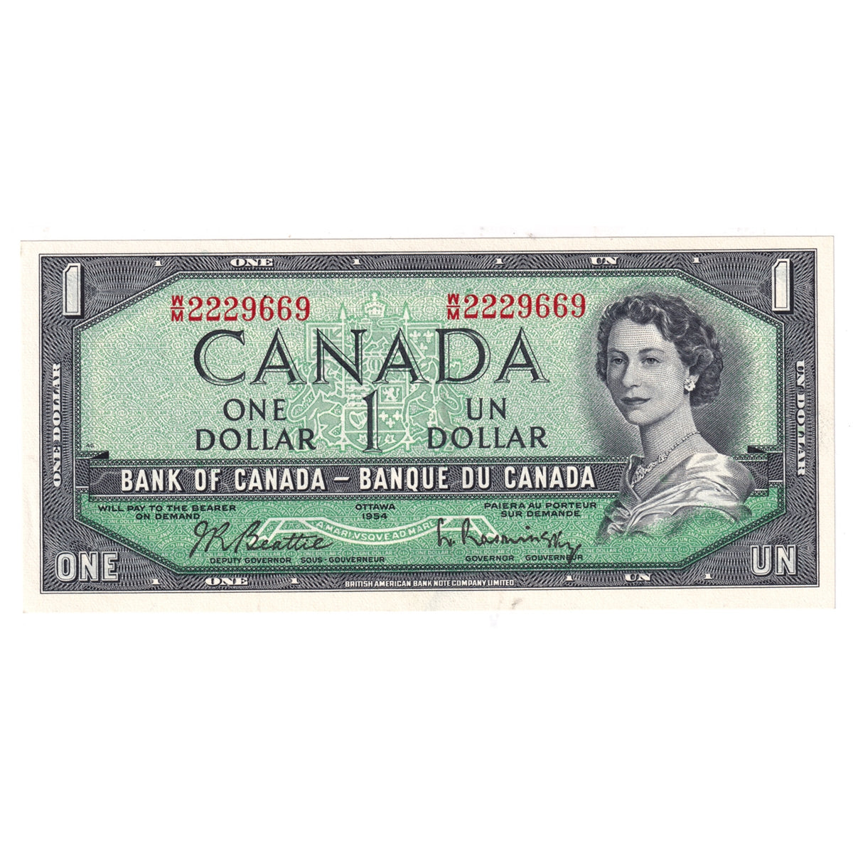 BC-37b-i 1954 Canada $1 Beattie-Rasminsky, W/M, Choice Uncirculated (CUNC63)