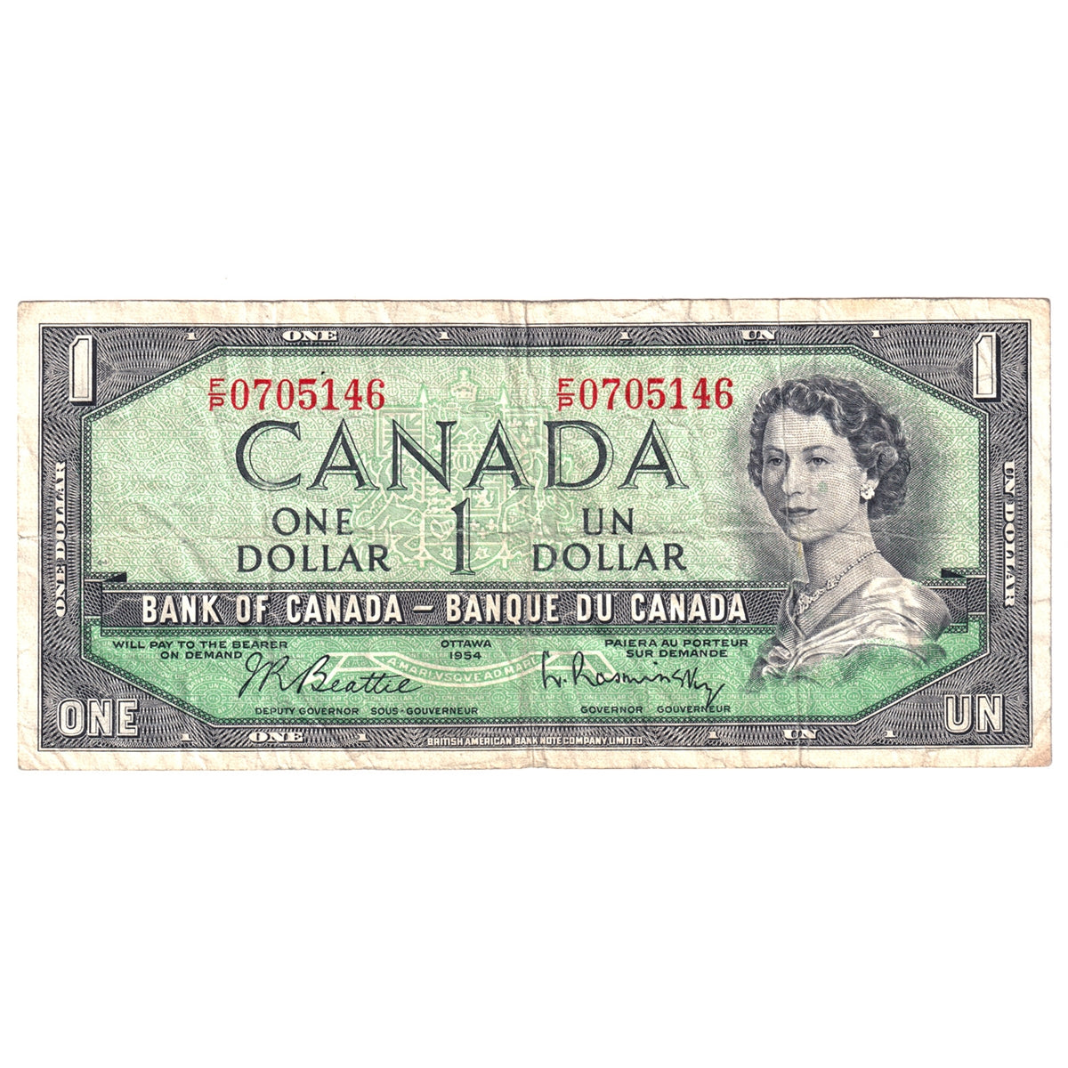 BC-37b-i 1954 Canada $1 Beattie-Rasminsky, F/P, Circ