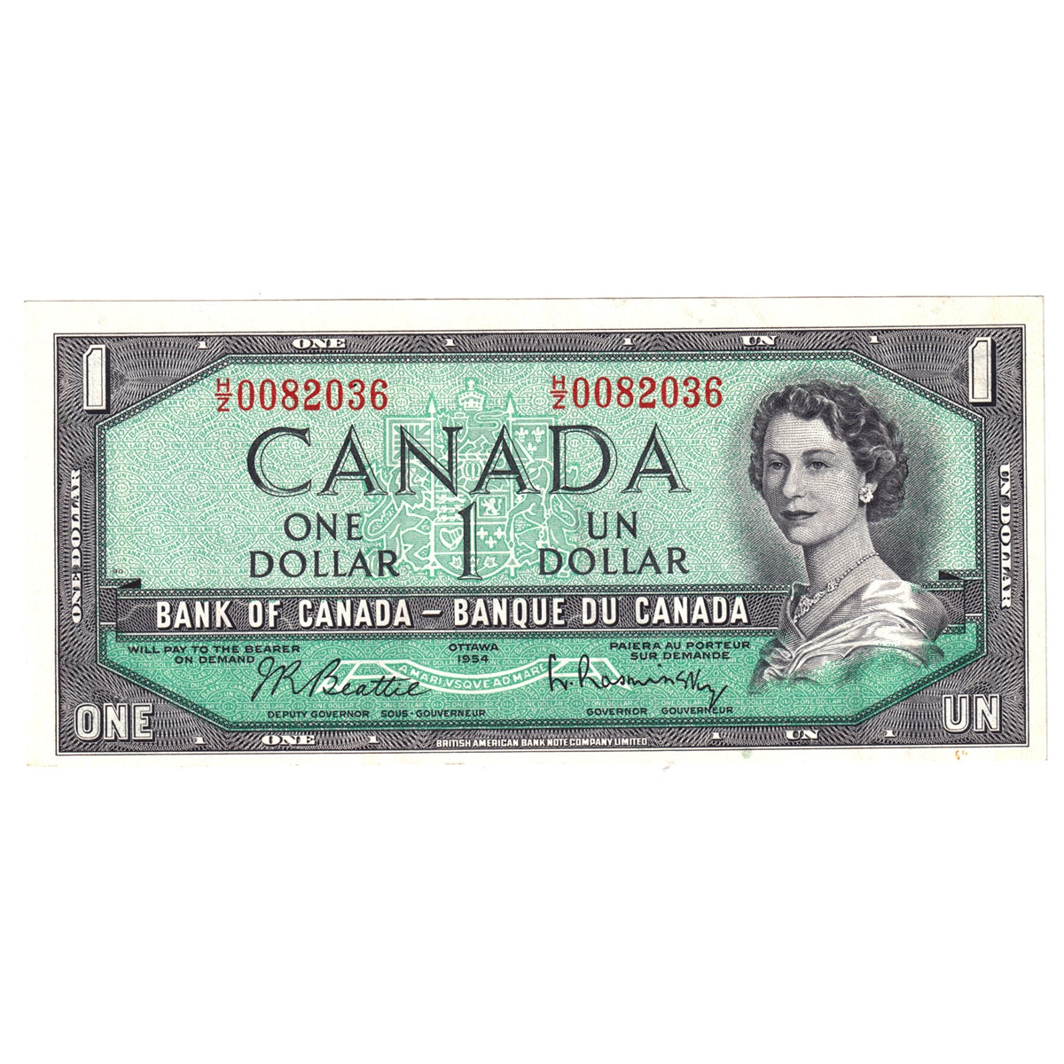 BC-37b-i 1954 Canada $1 Beattie-Rasminsky, H/Z, Extra Fine (EF40)