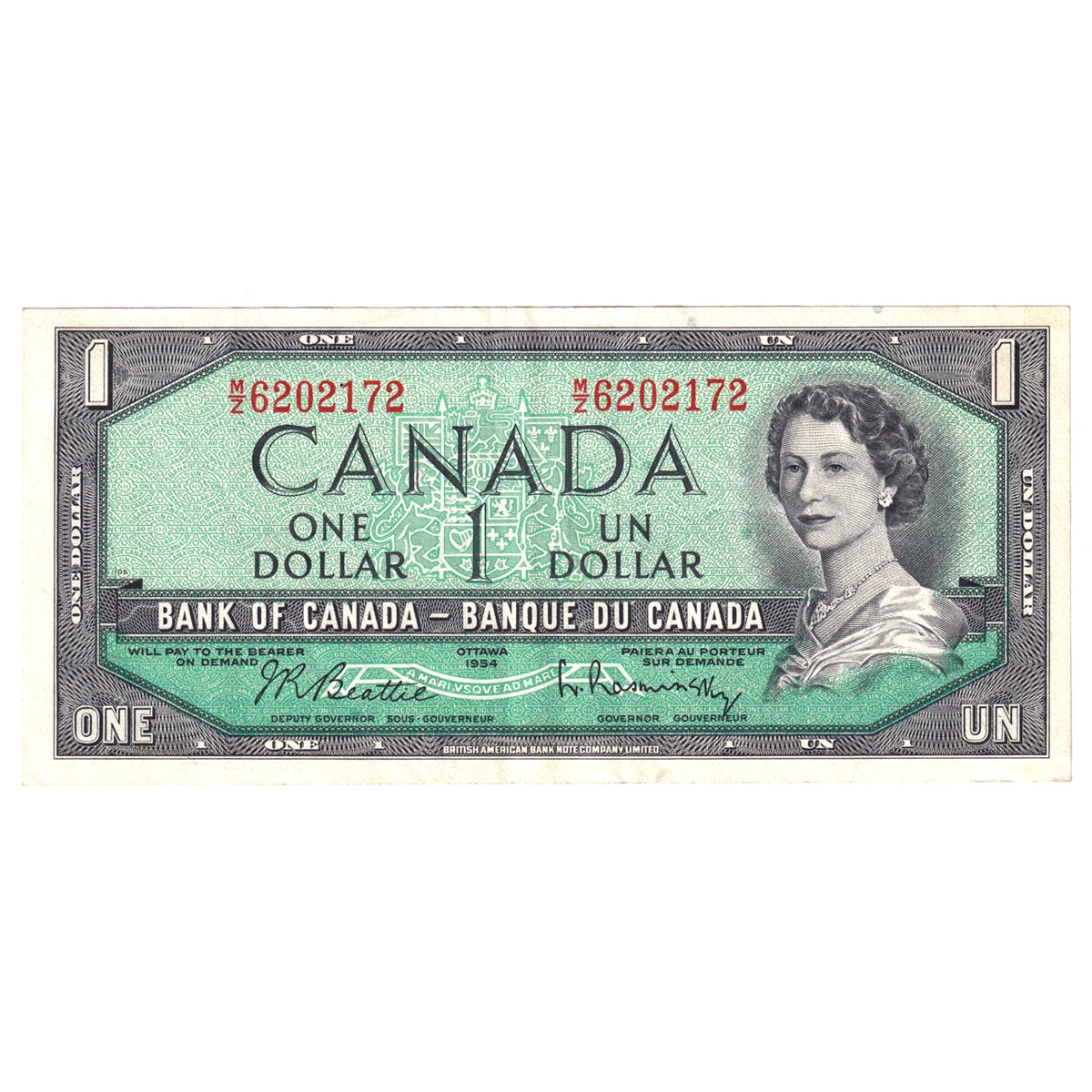 BC-37b-i 1954 Canada $1 Beattie-Rasminsky, M/Z, Extra Fine (EF40)