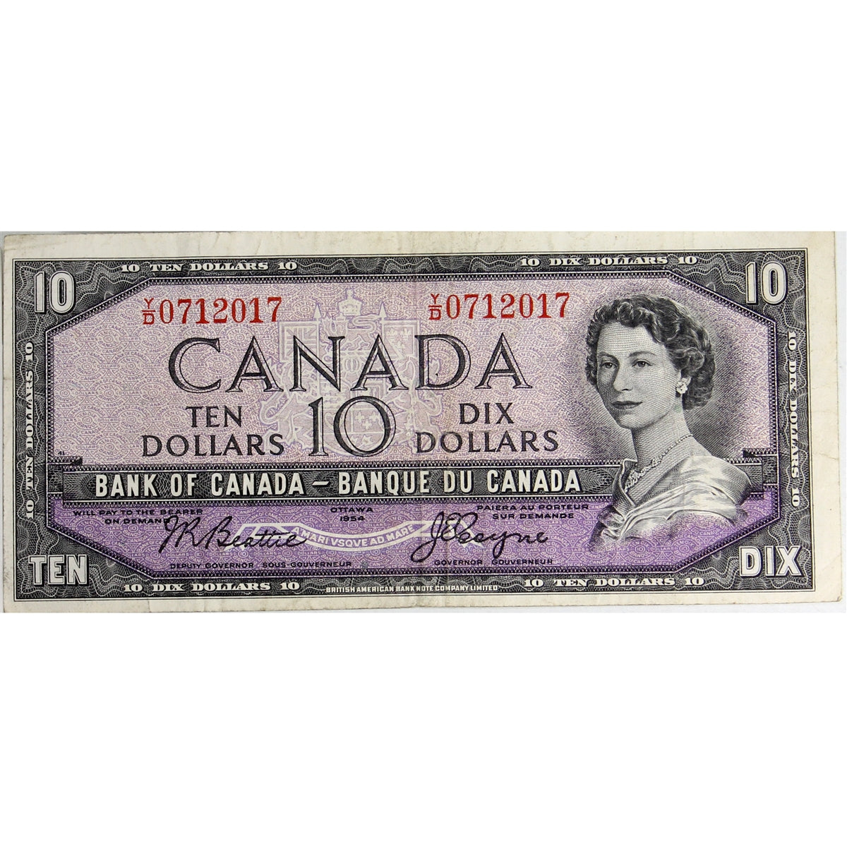 BC-40a 1954 Canada $10 Beattie-Coyne, Y/D, F-VF (F15)