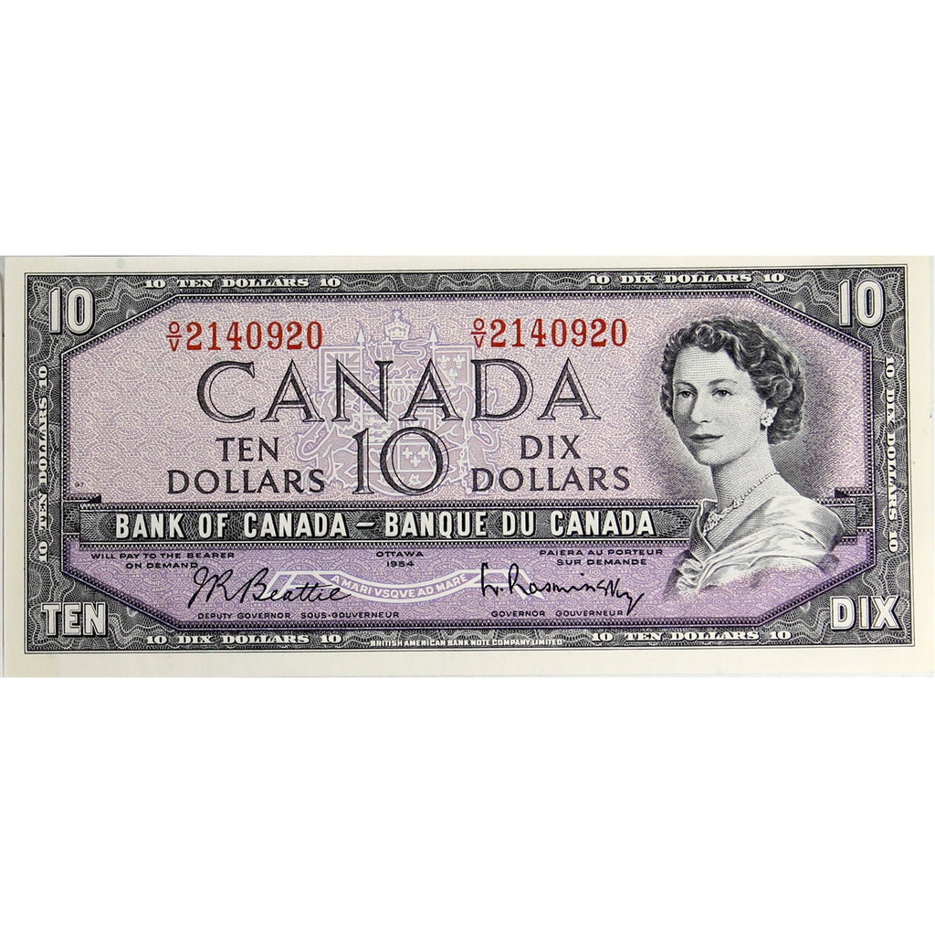 BC-40b 1954 Canada $10 Beattie-Rasminsky, O/V, AU-UNC (AU55)