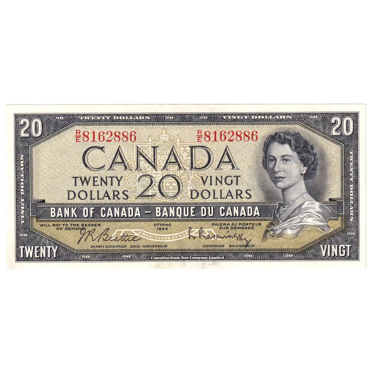 BC-41b 1954 Canada $20 Beattie-Rasminsky, R/E, Almost Uncirculated (AU50)