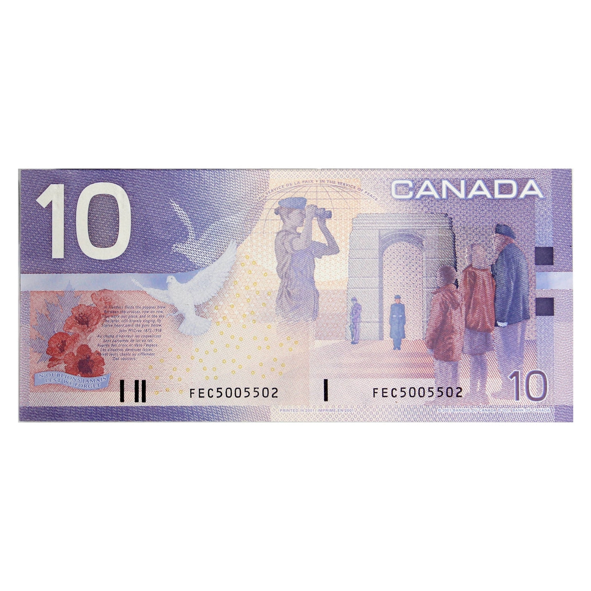 BC-63b 2001 Canada $10 Knight-Dodge, White Circle, FEC, Almost Uncirculated (AU50)