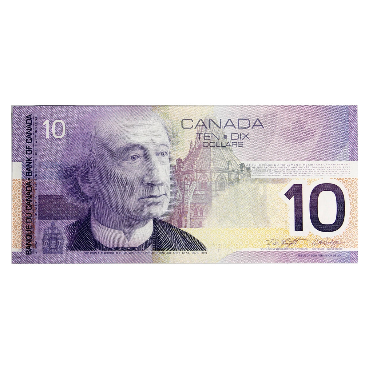 BC-63b 2001 Canada $10 Knight-Dodge, FED, Almost Uncirculated (AU50)