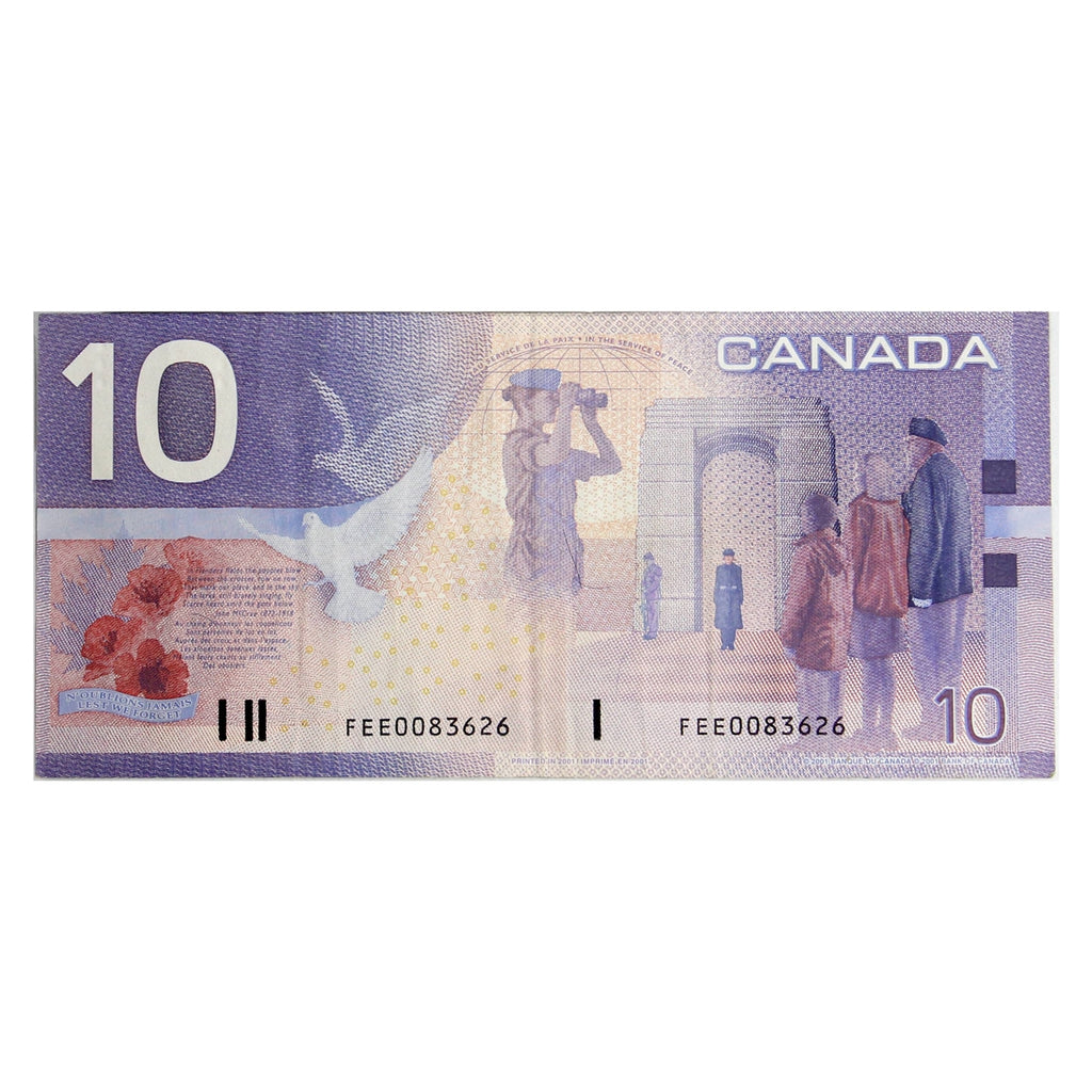 BC-63b 2001 Canada $10 Knight-Dodge, White Circle, FEE, Very Fine (VF20)