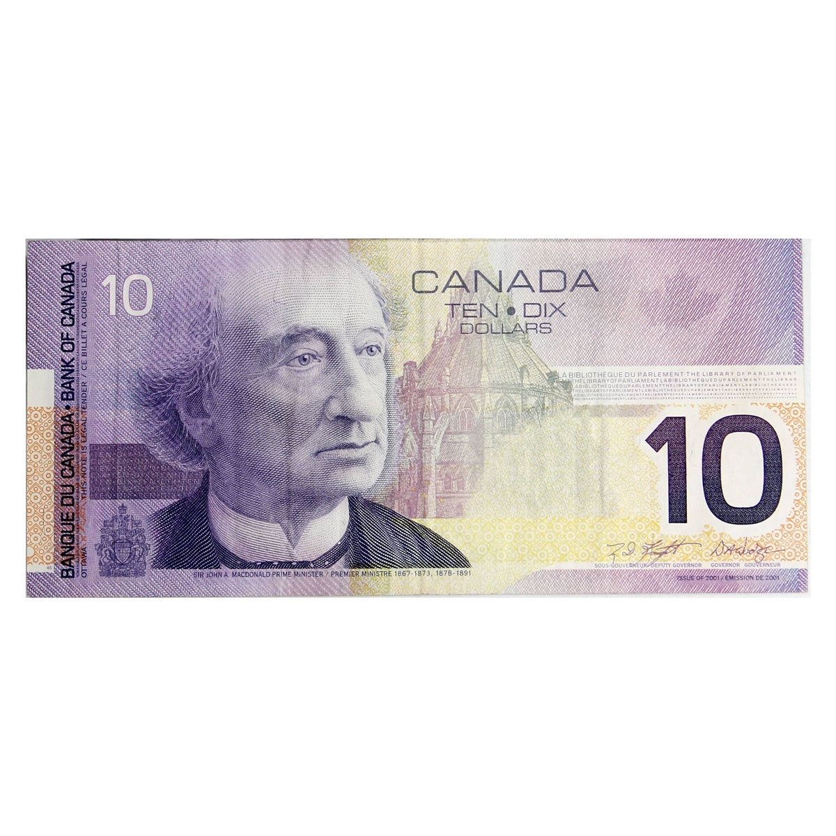 BC-63b 2001 Canada $10 Knight-Dodge, White Circle, FEE, Very Fine (VF20)