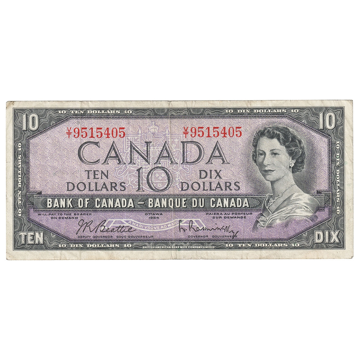 BC-40b 1954 Canada $10 Beattie-Rasminsky, V/T, F-VF (F15)
