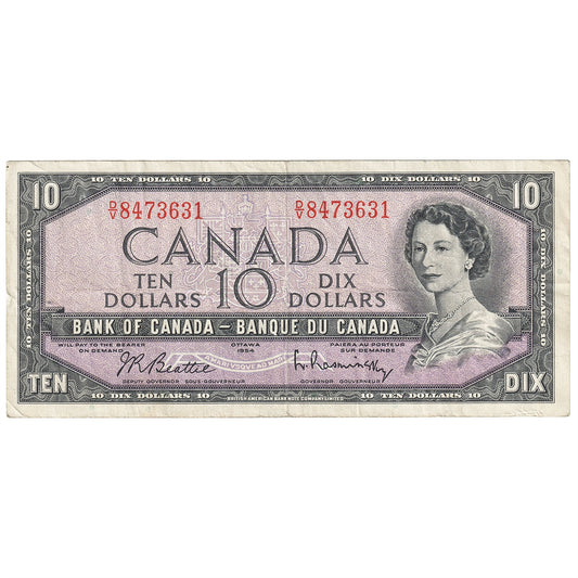 BC-40b 1954 Canada $10 Beattie-Rasminsky, D/V, F-VF (F15)
