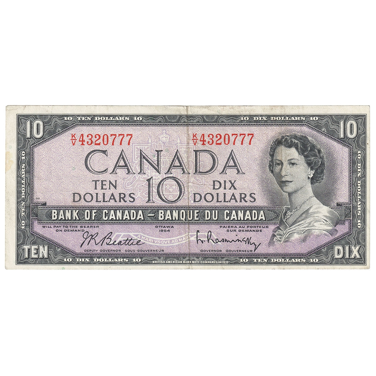 BC-40b 1954 Canada $10 Beattie-Rasminsky, K/V, VF-EF