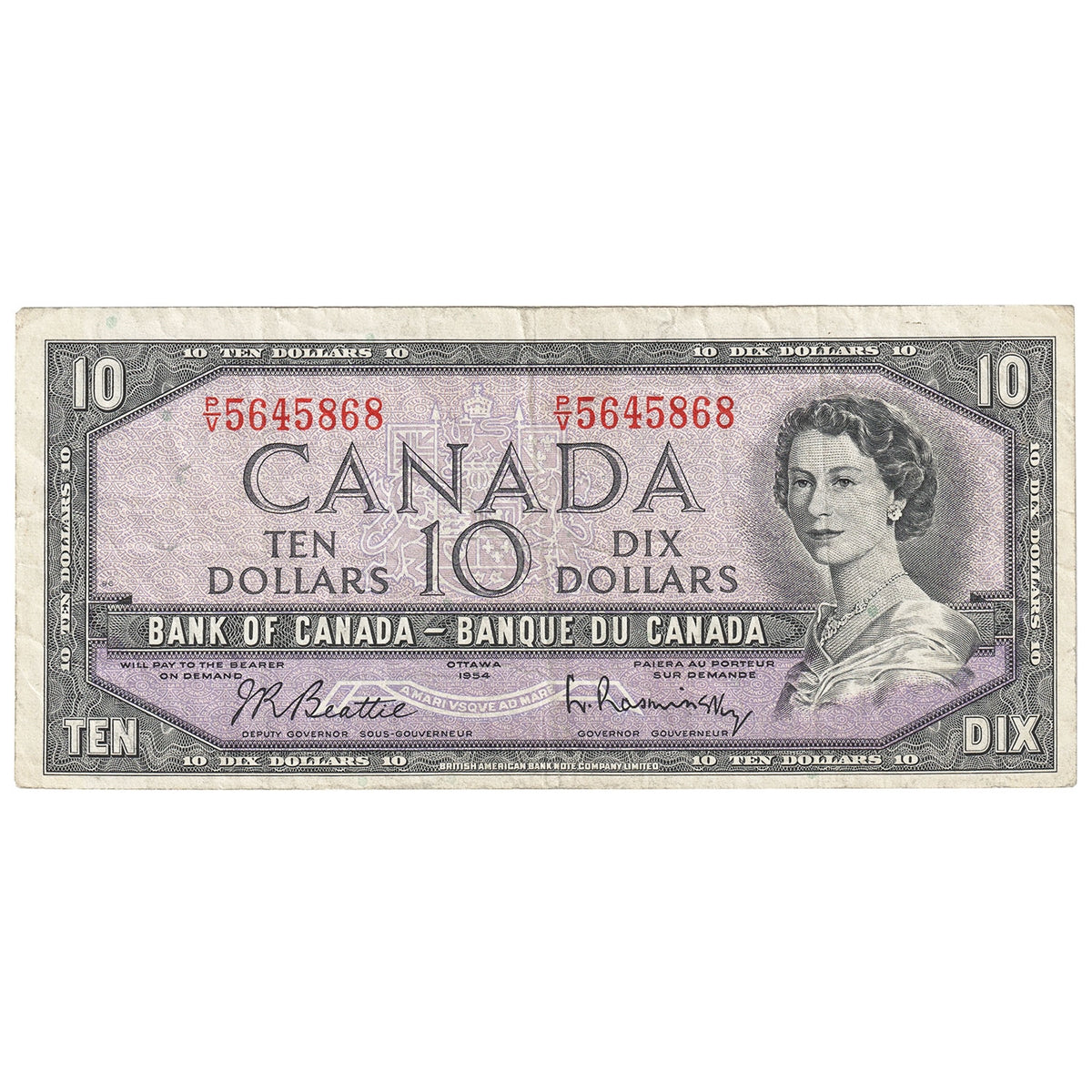 BC-40b 1954 Canada $10 Beattie-Rasminsky, P/V, Fine (F12)