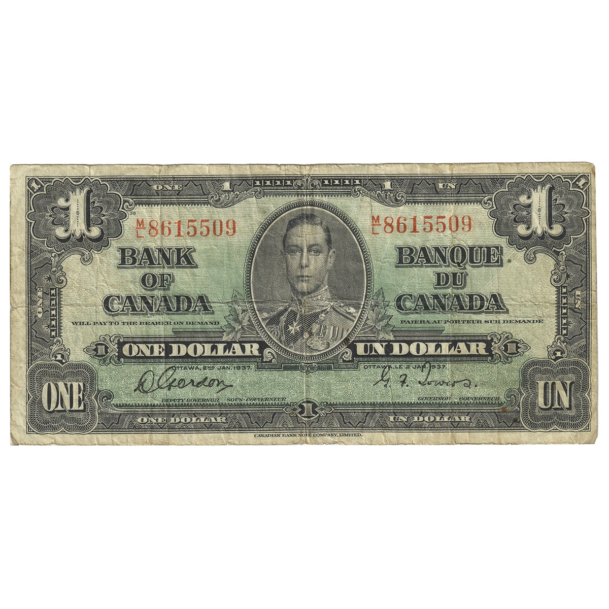 BC-21c 1937 Canada $1 Gordon-Towers, M/L, Fine (F12)