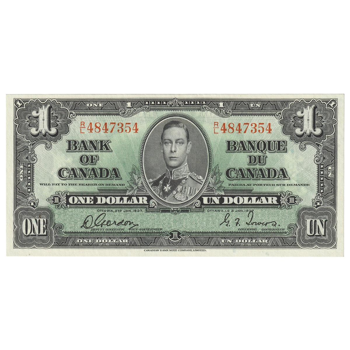 BC-21c 1937 Canada $1 Gordon-Towers, R/L, Uncirculated (MS60)