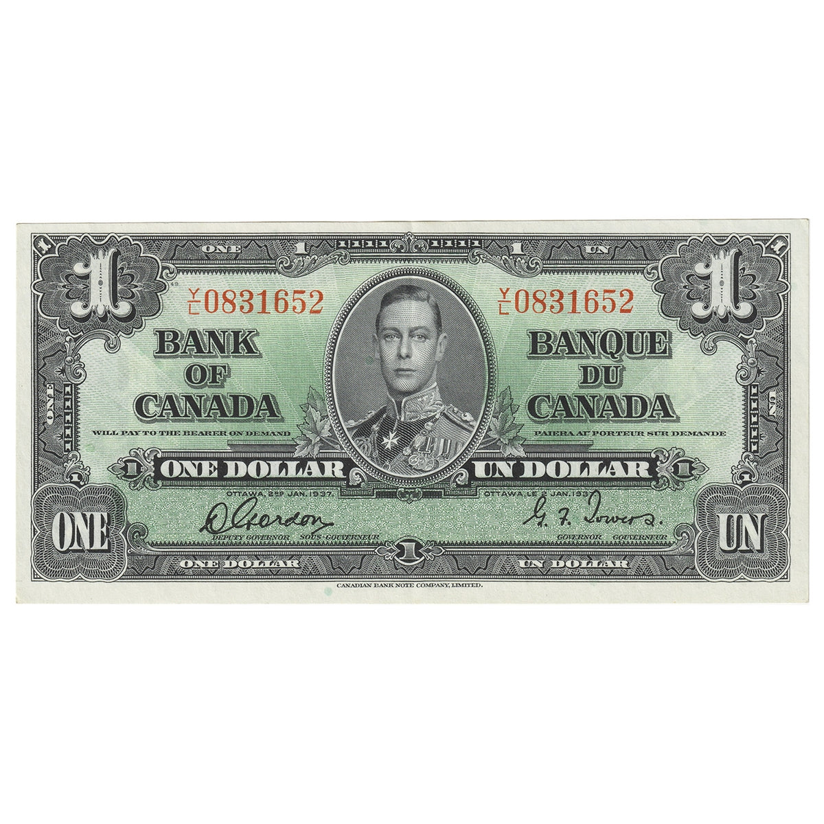 BC-21c 1937 Canada $1 Gordon-Towers, Y/L, EF-AU (EF45)