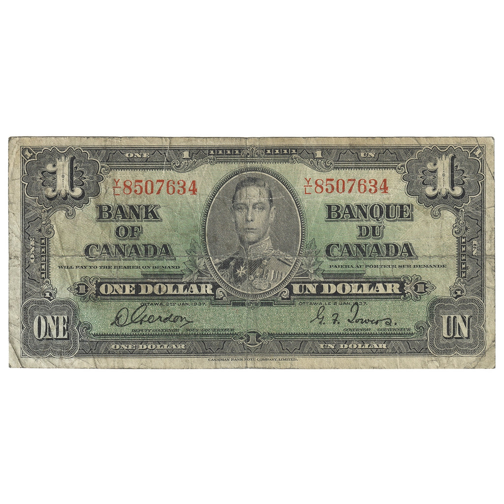 BC-21c 1937 Canada $1 Gordon-Towers, Y/L, CIRC