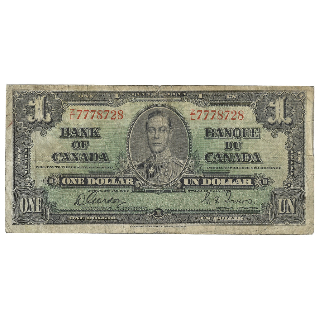 BC-21c 1937 Canada $1 Gordon-Towers, Z/L, VG-F