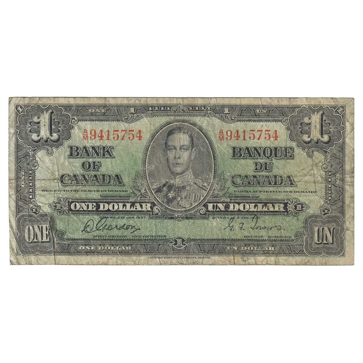 BC-21c 1937 Canada $1 Gordon-Towers, A/M, VG-F (VG10)