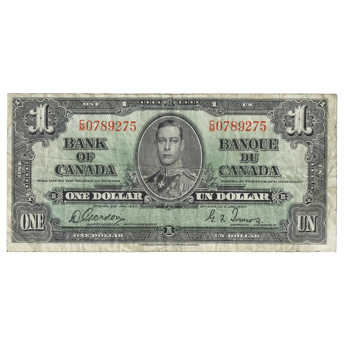 BC-21c 1937 Canada $1 Gordon-Towers, C/M, F-VF