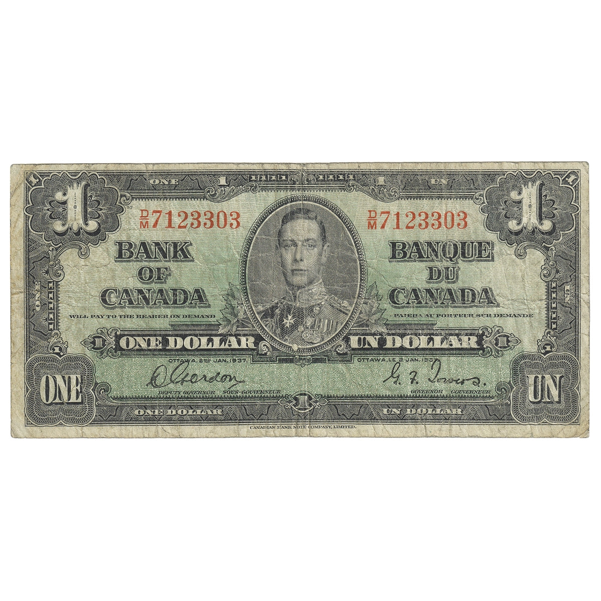 BC-21c 1937 Canada $1 Gordon-Towers, D/M, VG-F (VG10)