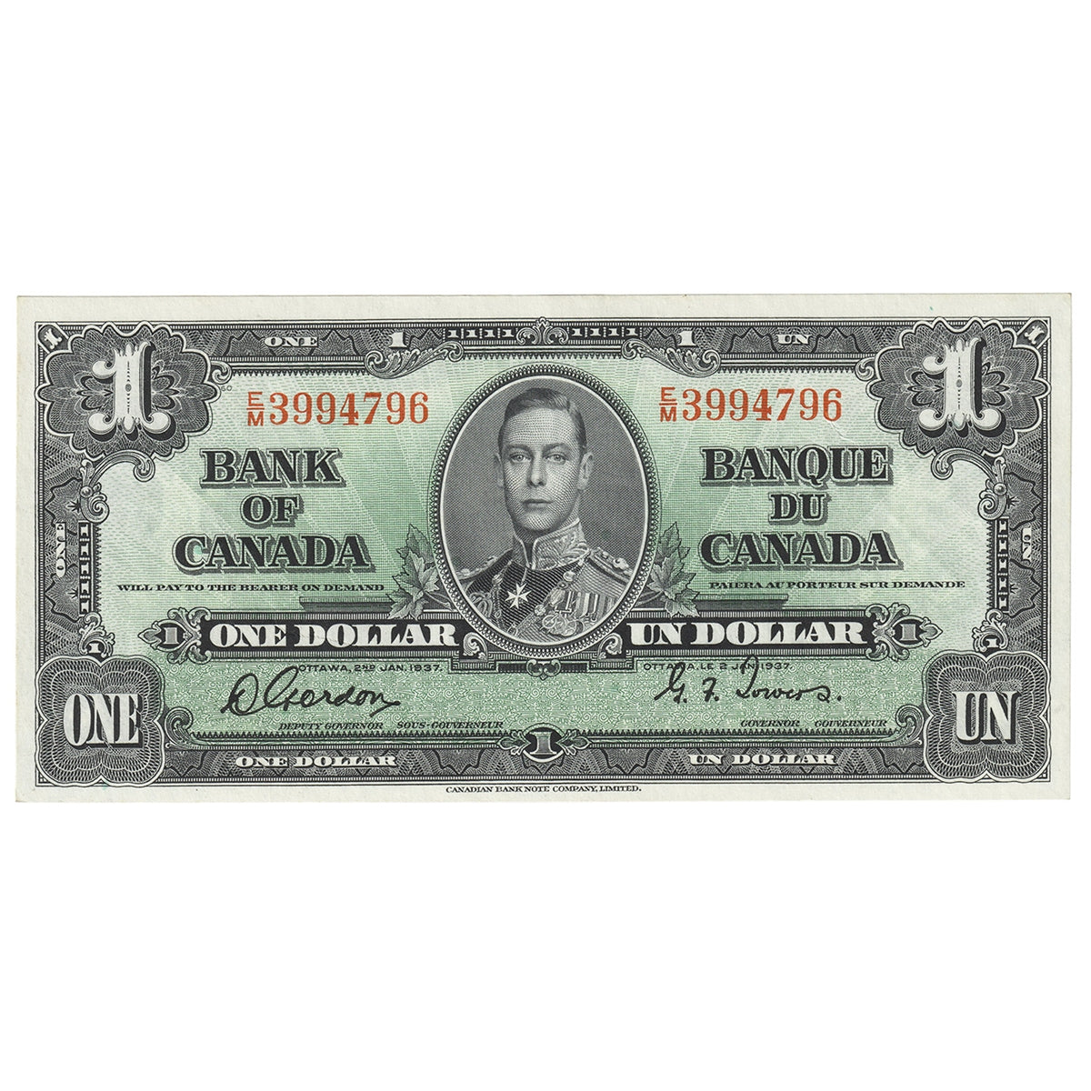 BC-21c 1937 Canada $1 Gordon-Towers, E/M, AU-UNC