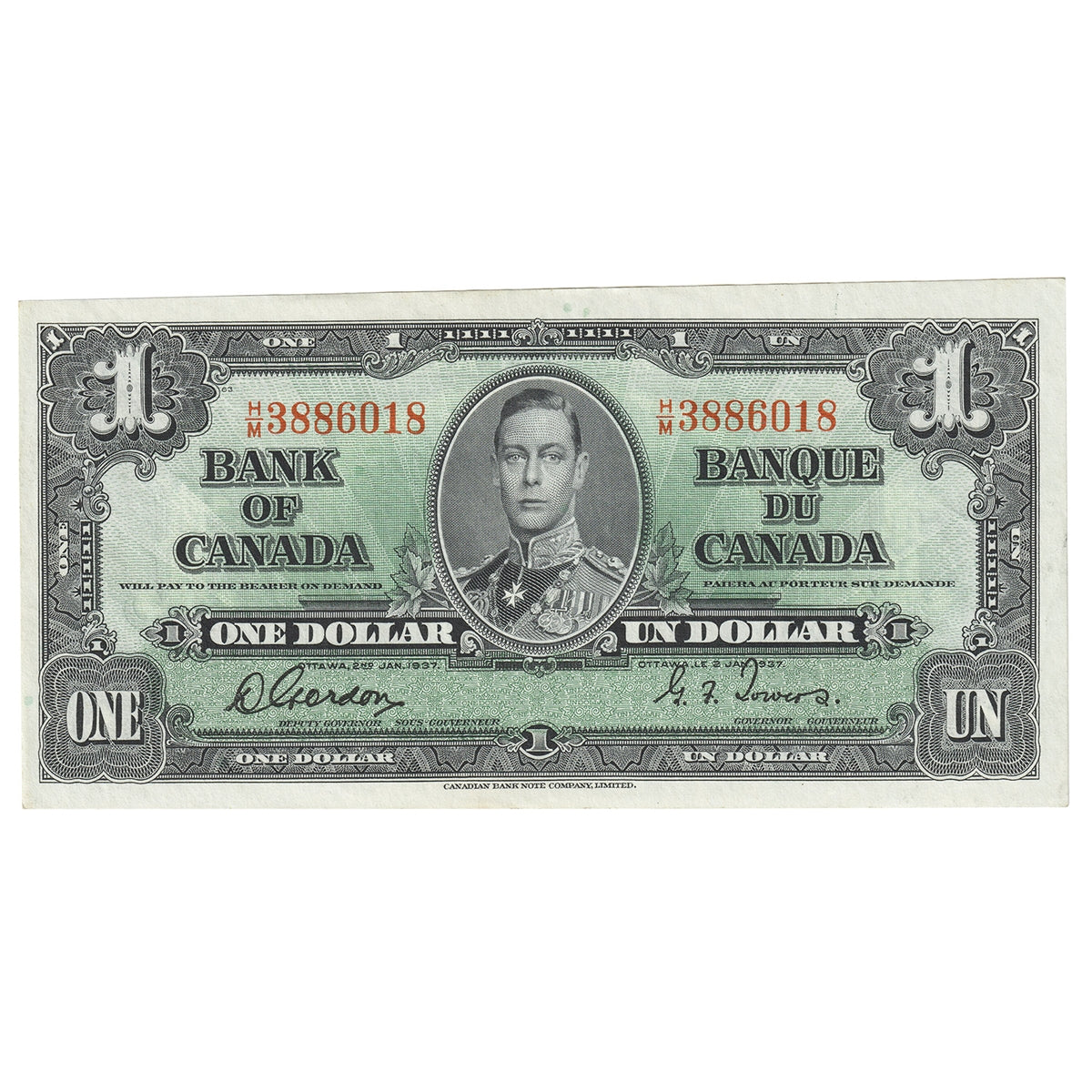 BC-21c 1937 Canada $1 Gordon-Towers, H/M, Almost Uncirculated (AU50)