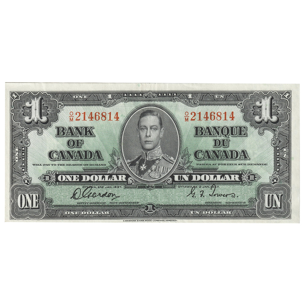 BC-21c 1937 Canada $1 Gordon-Towers, O/M, Almost Uncirculated (AU50)