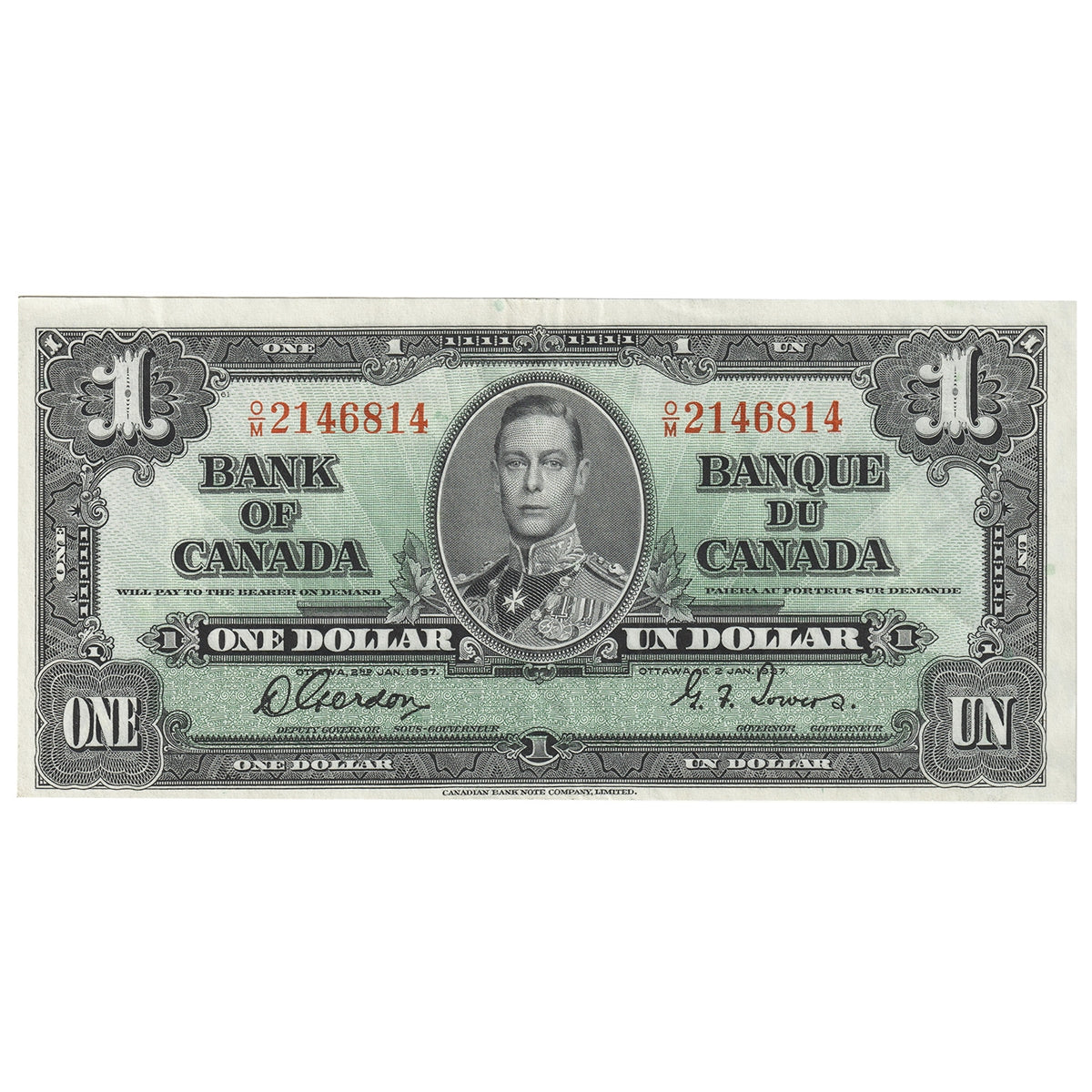 BC-21c 1937 Canada $1 Gordon-Towers, O/M, Almost Uncirculated (AU50)