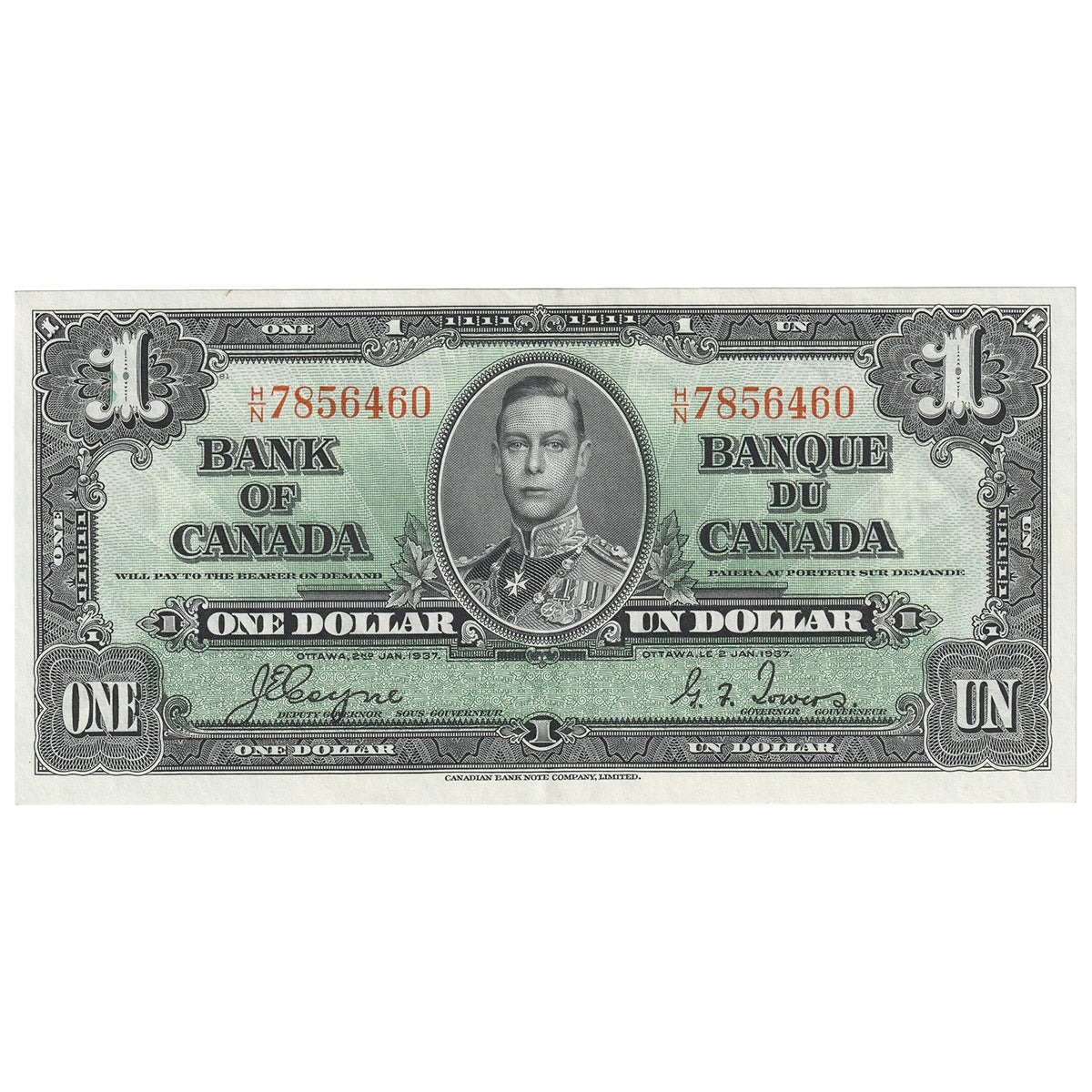 BC-21d 1937 Canada $1 Coyne-Towers, H/N, Almost Uncirculated (AU50)